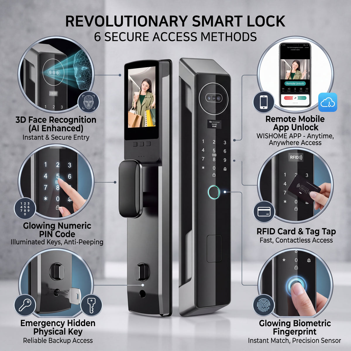 Cerradura inteligente para puerta AeroLock™ Pro con reconocimiento facial 3D, video, pantalla y datos biométricos